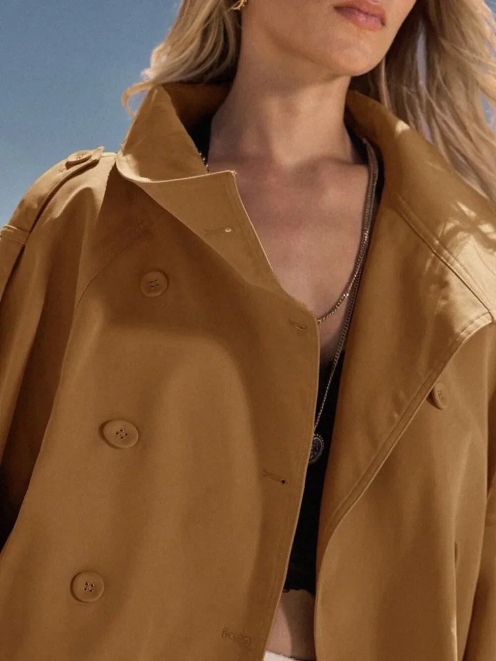 Camel Double-Breasted Cropped Trench Jacket with Belted Cuffs